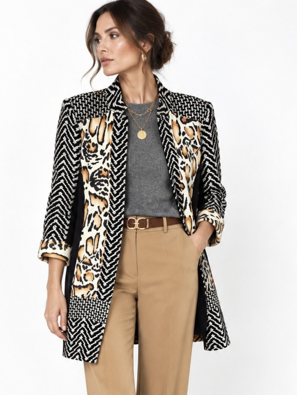 Chico's Mixed Print Long Jacket Animal Print